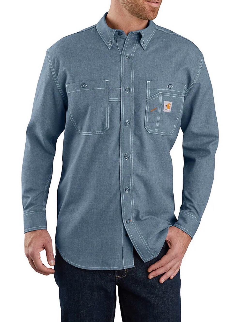 Carhartt Men's FR Blue Long-Sleeve Button-Down Work Shirt Medium